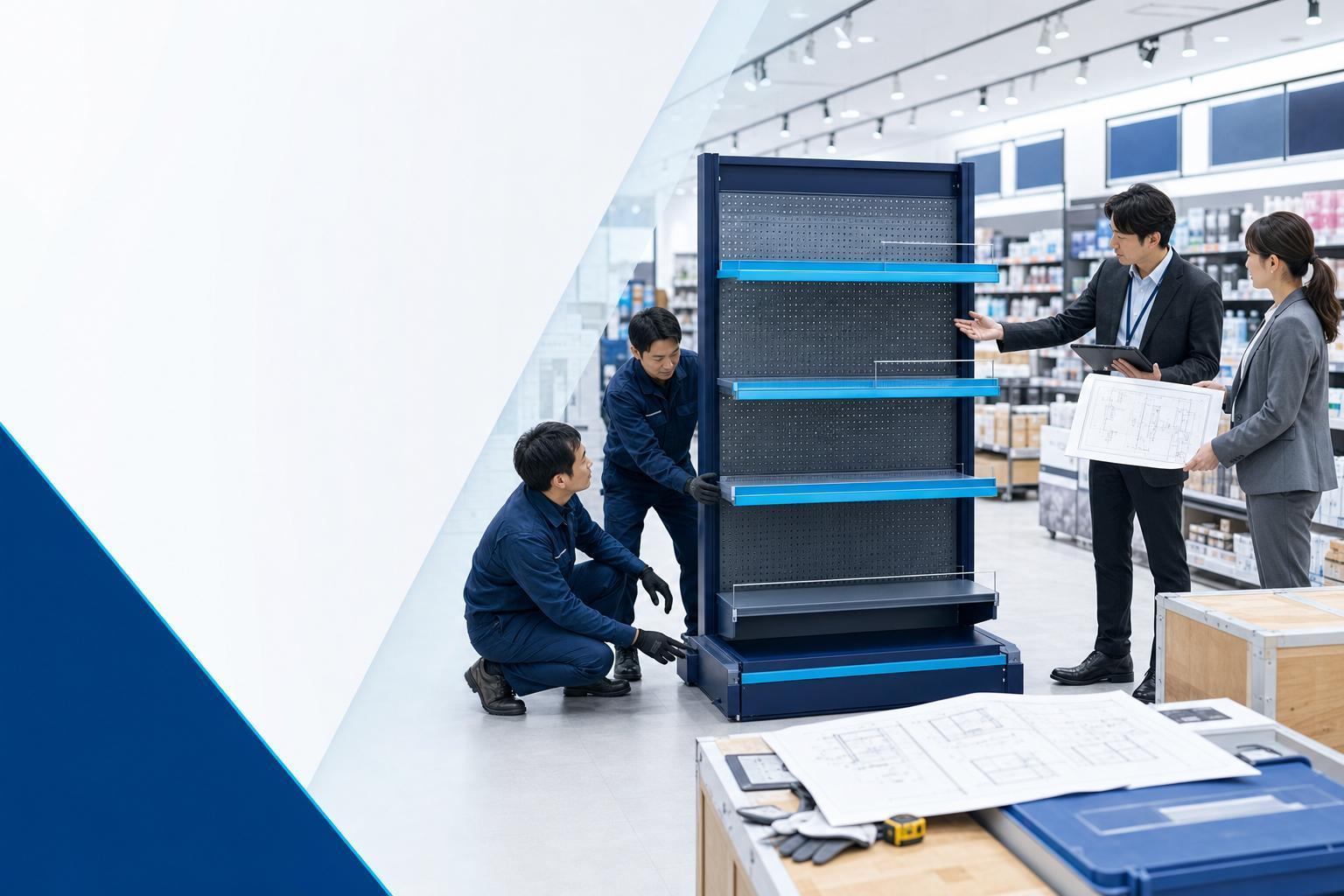 売場で什器設置を確認する現場